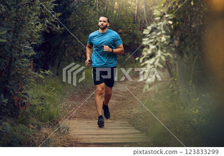 Fitness, man and running in nature for healthy exercise, training and workout in the outdoors. Active, athletic male runner in sports taking a jog in the forest or park for health and cardio wellness Fitness, man and running in nature for healthy exercise, training and workout in the outdoors. Active, athletic male runner in sports taking a jog in the forest or park for health and cardio wellness 123833299