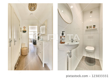 A chic and contemporary hallway leading to a stylish bathroom, featuring sleek design elements and a minimalistic aesthetic. 123833331