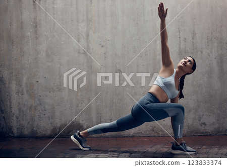 Yoga fitness training, woman and healthy outdoor stretch workout on city sidewalk. Sports runner warm up, motivation and deep thinking, concentration and healthy athletic exercise lifestyle outdoors 123833374
