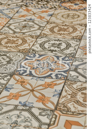 A close-up view of beautifully designed floor tiles featuring intricate patterns and colors, creating a stunning visual appeal for any space. A close-up view of beautifully designed floor tiles featuring intricate patterns and colors, creating a stunning visual appeal for any space. 123833424