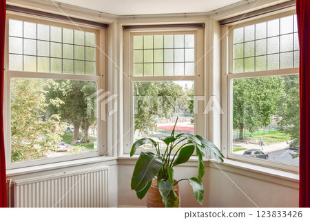 A bright and airy bay window showcases a lush indoor plant, framing a view of the outdoors filled with greenery and city vibes. 123833426