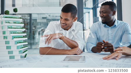 Architect, developer and miniature building blueprint, meeting for strategy, city growth planning and apartment development. Teamwork, vision and mission, men consulting future construction project. 123833500