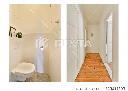 A sleek and stylish modern bathroom with clean lines and a bright hallway featuring wooden flooring and white walls, highlighting minimalist design. A sleek and stylish modern bathroom with clean lines and a bright hallway featuring wooden flooring and white walls, highlighting minimalist design. 123833505