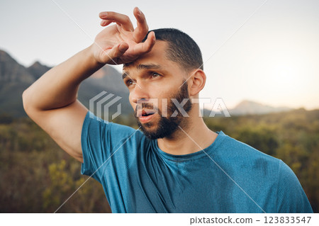 Fitness, breathing and tired sweating man running outdoors with fatigue, body challenge and struggle for exercise. Male runner athlete, mental break and nature trail rest to breathe in mindset focus 123833547