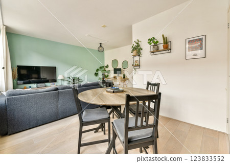 A contemporary living space featuring a cozy seating area, dining table, plants, and wall decor. Light colors and furnishings create an inviting atmosphere. 123833552