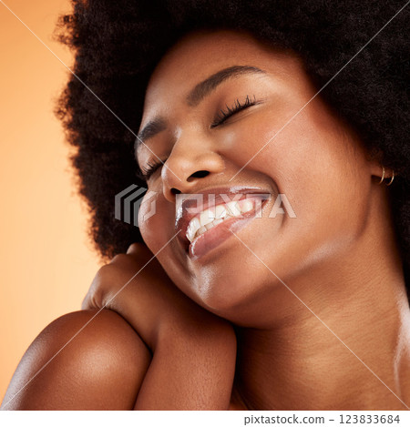 Natural makeup, beauty and skincare, black woman face and skin, cosmetology advertising and studio background. African, happy and fresh glow, cosmetics and facial care treatment marketing closeup. Natural makeup, beauty and skincare, black woman face and skin, cosmetology advertising and studio background. African, happy and fresh glow, cosmetics and facial care treatment marketing closeup. 123833684