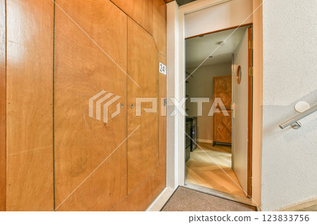 A stylish entrance featuring a wooden door, minimalistic decor, and light-colored walls. The hallway blends functionality with a fresh aesthetic. A stylish entrance featuring a wooden door, minimalistic decor, and light-colored walls. The hallway blends functionality with a fresh aesthetic. 123833756
