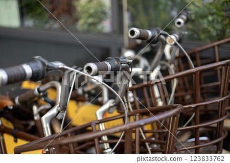Bicycle parking in the city. Ecological type of transport. Close-up. Renting bicycles for exploring the city 123833762