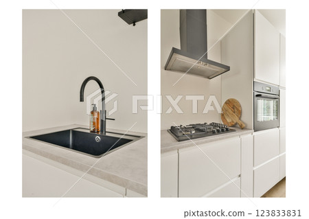 A sleek modern kitchen featuring minimalist cabinetry, a stylish sink, and a sophisticated cooking area, characterized by clean lines and neutral tones. A sleek modern kitchen featuring minimalist cabinetry, a stylish sink, and a sophisticated cooking area, characterized by clean lines and neutral tones. 123833831