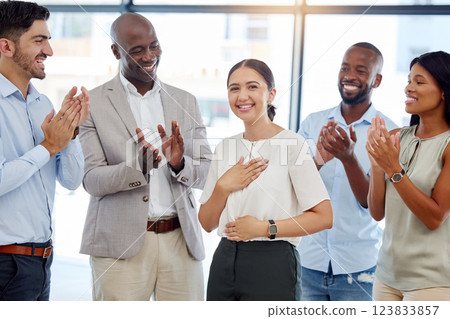 Team success, company clapping and happy woman employee smile at a office. Portrait of a person from Spain feeling support, celebration and motivation with a corporate crowd making a teamwork target 123833857