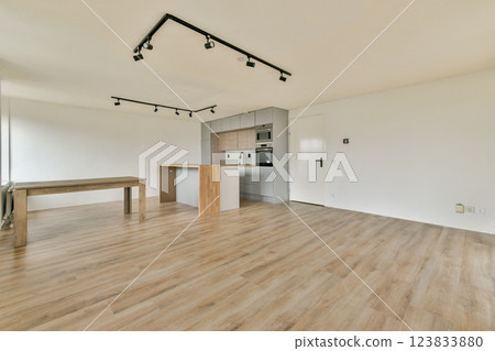 A spacious modern interior featuring sleek lines, neutral tones, and wooden accents, creating a serene living environment bathed in natural light. 123833880