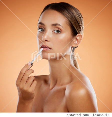 Beauty, skin and lip gloss, woman and natural makeup product, cosmetics advertising and studio background. Face, lips and skincare treatment, clean and fresh, glow and cosmetology portrait. Beauty, skin and lip gloss, woman and natural makeup product, cosmetics advertising and studio background. Face, lips and skincare treatment, clean and fresh, glow and cosmetology portrait. 123833912