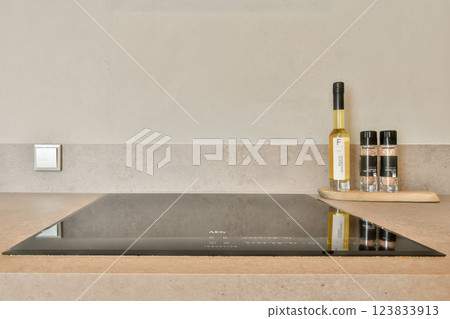 A sleek, contemporary kitchen setup featuring a black cooking surface alongside elegant spice containers and a bottle of oil, embodying a minimalist aesthetic. A sleek, contemporary kitchen setup featuring a black cooking surface alongside elegant spice containers and a bottle of oil, embodying a minimalist aesthetic. 123833913