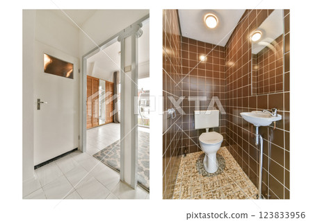 Stylish modern interior showcasing a functional hallway leading to a contemporary bathroom. The design emphasizes clean lines and elegant finishes. Stylish modern interior showcasing a functional hallway leading to a contemporary bathroom. The design emphasizes clean lines and elegant finishes. 123833956