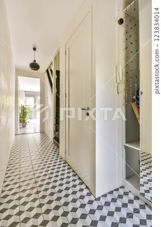 A modern hallway featuring geometric tile flooring and minimalist decor, illuminated by natural light from the adjoining room. Elegant and functional. A modern hallway featuring geometric tile flooring and minimalist decor, illuminated by natural light from the adjoining room. Elegant and functional. 123834014