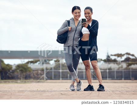 Women, phone or fitness selfie after training, workout or exercise in Colombian stadium. Smile, happy or sports runners or friends on mobile 5g technology for health data analysis or wellness success Women, phone or fitness selfie after training, workout or exercise in Colombian stadium. Smile, happy or sports runners or friends on mobile 5g technology for health data analysis or wellness success 123834015