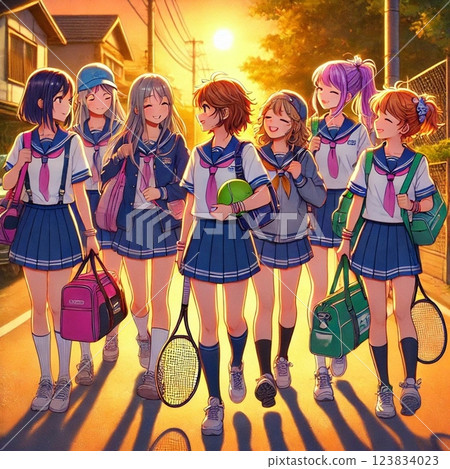 On the way home from club activities, girls in sailor uniforms, Generative AI illustration On the way home from club activities, girls in sailor uniforms, Generative AI illustration 123834023