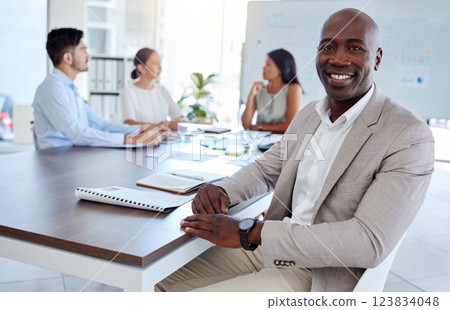 Management, leadership and portrait of businessman in meeting for presentation, marketing and future growth. Innovation, goals and future with black man employee working in review, vision and idea Management, leadership and portrait of businessman in meeting for presentation, marketing and future growth. Innovation, goals and future with black man employee working in review, vision and idea 123834048