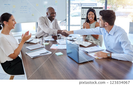 Handshake, partnership or promotion success in office support, trust deal or crm in b2b digital marketing collaboration meeting. Smile, happy and business teamwork in welcome, thank you and strategy 123834067