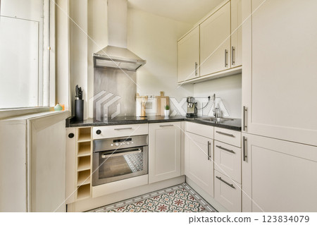 A contemporary kitchen featuring sleek cabinet finishes, a stainless steel oven, and patterned flooring, creating a functional and stylish cooking space. 123834079