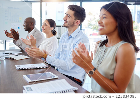 Applause, success and team in meeting with celebration, support and happiness for winning. Clap hands, celebrate and business people with successful teamwork, achievement and collaboration project. Applause, success and team in meeting with celebration, support and happiness for winning. Clap hands, celebrate and business people with successful teamwork, achievement and collaboration project. 123834083