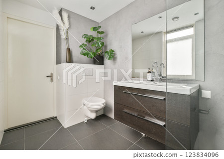 A stylish bathroom featuring a sleek design with a large mirror, dark cabinetry, and decorative plants, creating a fresh and inviting atmosphere. A stylish bathroom featuring a sleek design with a large mirror, dark cabinetry, and decorative plants, creating a fresh and inviting atmosphere. 123834096