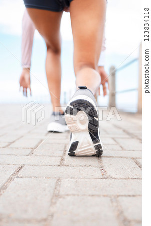 Runner feet, start and woman on path about to run fast for fitness, training and workout. Exercise, health and wellness, close up sports shoes of girl ready for running race or marathon with speed Runner feet, start and woman on path about to run fast for fitness, training and workout. Exercise, health and wellness, close up sports shoes of girl ready for running race or marathon with speed 123834118
