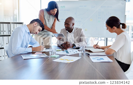 Planning, project management or tablet review with business people in meeting for marketing strategy, documents or research. Mentor, analytics or teamwork with leader working on data on future growth 123834142