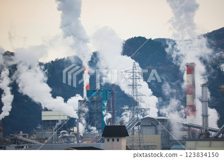 A large factory with white smoke coming out of its chimney 123834150