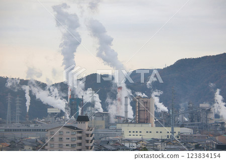 一家大型工廠的煙囪冒出白煙 123834154