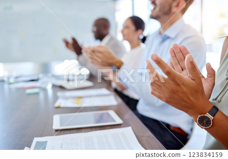 Teamwork training, hands and applause team in presentation, business meeting or office workshop. Diversity employees, motivation or people success for innovation or company goal or target with paper Teamwork training, hands and applause team in presentation, business meeting or office workshop. Diversity employees, motivation or people success for innovation or company goal or target with paper 123834159