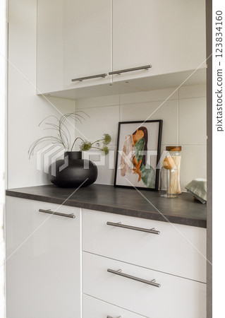 A sleek, modern kitchen featuring white cabinetry and a stylish black bowl. An artistic print adds a touch of color and personality to the space. A sleek, modern kitchen featuring white cabinetry and a stylish black bowl. An artistic print adds a touch of color and personality to the space. 123834160