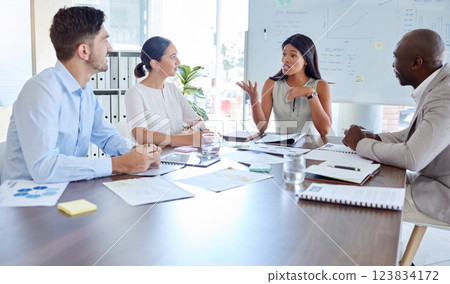 Business woman leadership, conversation and collaboration, economy planning and finance ideas in corporate company office table. Management staff meeting, workers conversation and team brainstorming 123834172