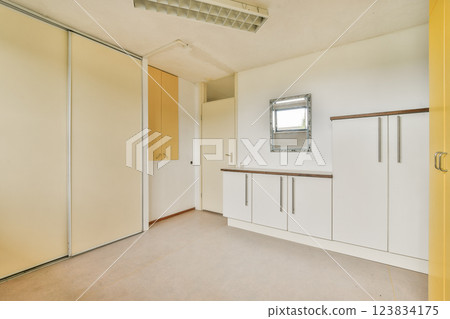 A spacious and minimalist room interior showcasing clean lines and neutral colors. Features modern storage solutions and natural light from a window. A spacious and minimalist room interior showcasing clean lines and neutral colors. Features modern storage solutions and natural light from a window. 123834175
