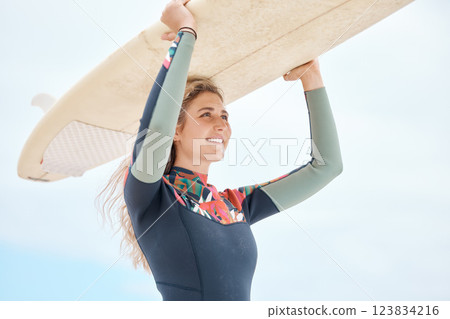 Surf, happy and sports woman surfing athlete with a surfboard ready for fitness and exercise. Training motivation, workout and healthy water cardio of a person from Florida at the beach in summer Surf, happy and sports woman surfing athlete with a surfboard ready for fitness and exercise. Training motivation, workout and healthy water cardio of a person from Florida at the beach in summer 123834216