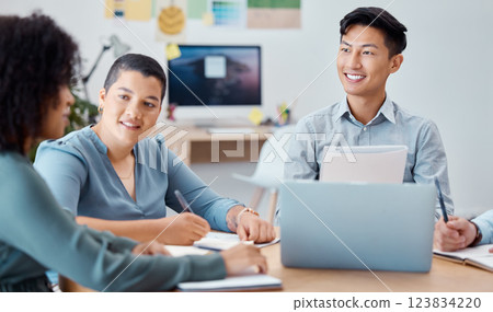 Laptop, collaboration and marketing team in a meeting in the office to plan creative project together. Happy, teamwork and business people working on a company strategy with computer in the workplace Laptop, collaboration and marketing team in a meeting in the office to plan creative project together. Happy, teamwork and business people working on a company strategy with computer in the workplace 123834220