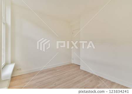 Spacious and minimalistic design featuring light-colored walls and wooden flooring, creating a serene and uncluttered atmosphere in the room. Spacious and minimalistic design featuring light-colored walls and wooden flooring, creating a serene and uncluttered atmosphere in the room. 123834241