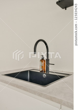 A stylish modern kitchen sink featuring a dark basin, elegant faucet, and minimalist design, perfect for contemporary interiors. 123834243