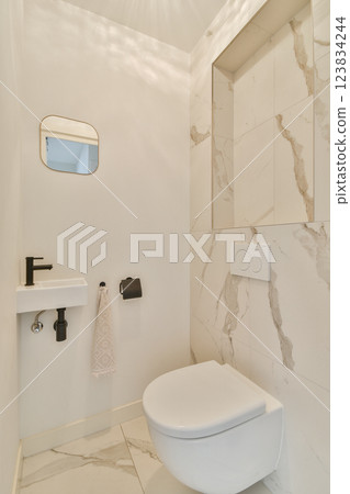 A sleek, modern bathroom featuring elegant marble walls, a minimalist toilet, and stylish accessories in a serene atmosphere. A sleek, modern bathroom featuring elegant marble walls, a minimalist toilet, and stylish accessories in a serene atmosphere. 123834244