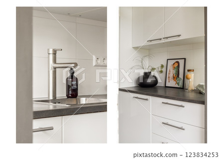 A contemporary kitchen featuring sleek cabinetry, a stylish faucet, and decorative elements that enhance the overall aesthetic and functionality. 123834253