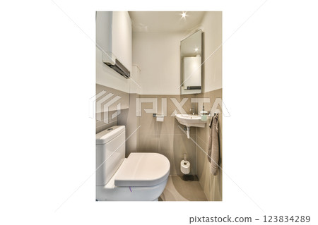 A sleek and minimalist small bathroom featuring a toilet, sink, and mirror with contemporary lighting and clean lines, showcasing modern design aesthetics. 123834289
