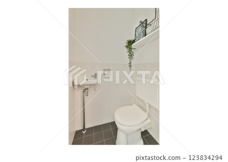 A sleek modern bathroom featuring minimalistic design elements, a wall-mounted sink, and a pristine white toilet. The decor includes a plant adding a touch of greenery. 123834294