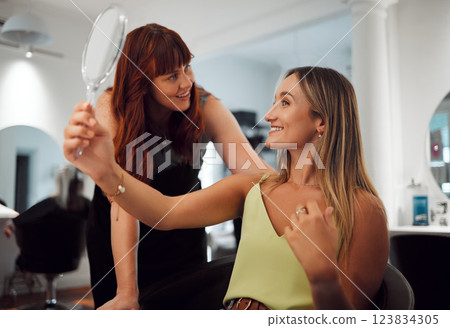 Hairdresser, salon and hair, woman and mirror, happy about haircut in professional hairstyle boutique. Small business, consultation success with client and beauty, grooming and haircare. Hairdresser, salon and hair, woman and mirror, happy about haircut in professional hairstyle boutique. Small business, consultation success with client and beauty, grooming and haircare. 123834305