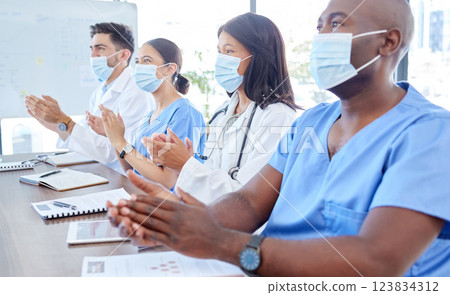 Covid face mask, clapping and medical presentation for doctors, nurses or London hospital healthcare teamwork. Men, women and medicine team applause in seminar meeting for covid 19 compliance success Covid face mask, clapping and medical presentation for doctors, nurses or London hospital healthcare teamwork. Men, women and medicine team applause in seminar meeting for covid 19 compliance success 123834312
