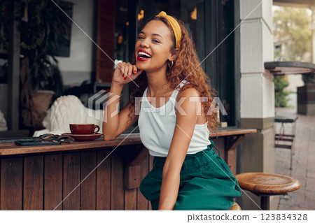 Coffee shop, cafe and black woman in portrait happy with service experience, small business success or youth urban city lifestyle. Smile of young customer in restaurant with espresso or latte drink Coffee shop, cafe and black woman in portrait happy with service experience, small business success or youth urban city lifestyle. Smile of young customer in restaurant with espresso or latte drink 123834328