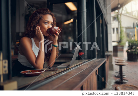 Young woman, content and drink coffee at cafe for relax, peaceful and focused on work with laptop. Female, girl and hot beverage or tea in hand take a break, for lunch and thinking in coffee shop. Young woman, content and drink coffee at cafe for relax, peaceful and focused on work with laptop. Female, girl and hot beverage or tea in hand take a break, for lunch and thinking in coffee shop. 123834345