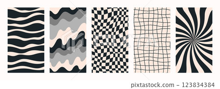 Abstract psychedelic retro pattern set. Groovy Trendy backgrounds in abstract y2k style. Vector graphic for posters and art prints. 123834384