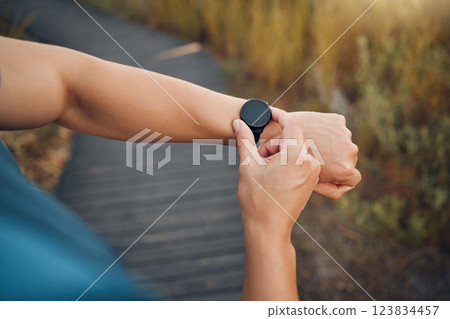 Man, hands or smart watch for fitness health digital tracker in wellness training, workout exercise and heart data. Runner, sports or hiking person with time clock technology for running app software 123834457