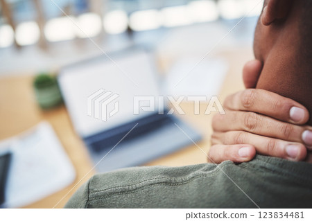 Hand, neck pain and discomfort with a freelance man at work on a laptop in his office from above. Stress, anxiety and burnout with a male employee working on project, report or email with a deadline Hand, neck pain and discomfort with a freelance man at work on a laptop in his office from above. Stress, anxiety and burnout with a male employee working on project, report or email with a deadline 123834481