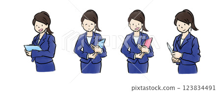 Large hand-drawn watercolor style OL holding clipboards and documents at work in the office, set of 4 123834491